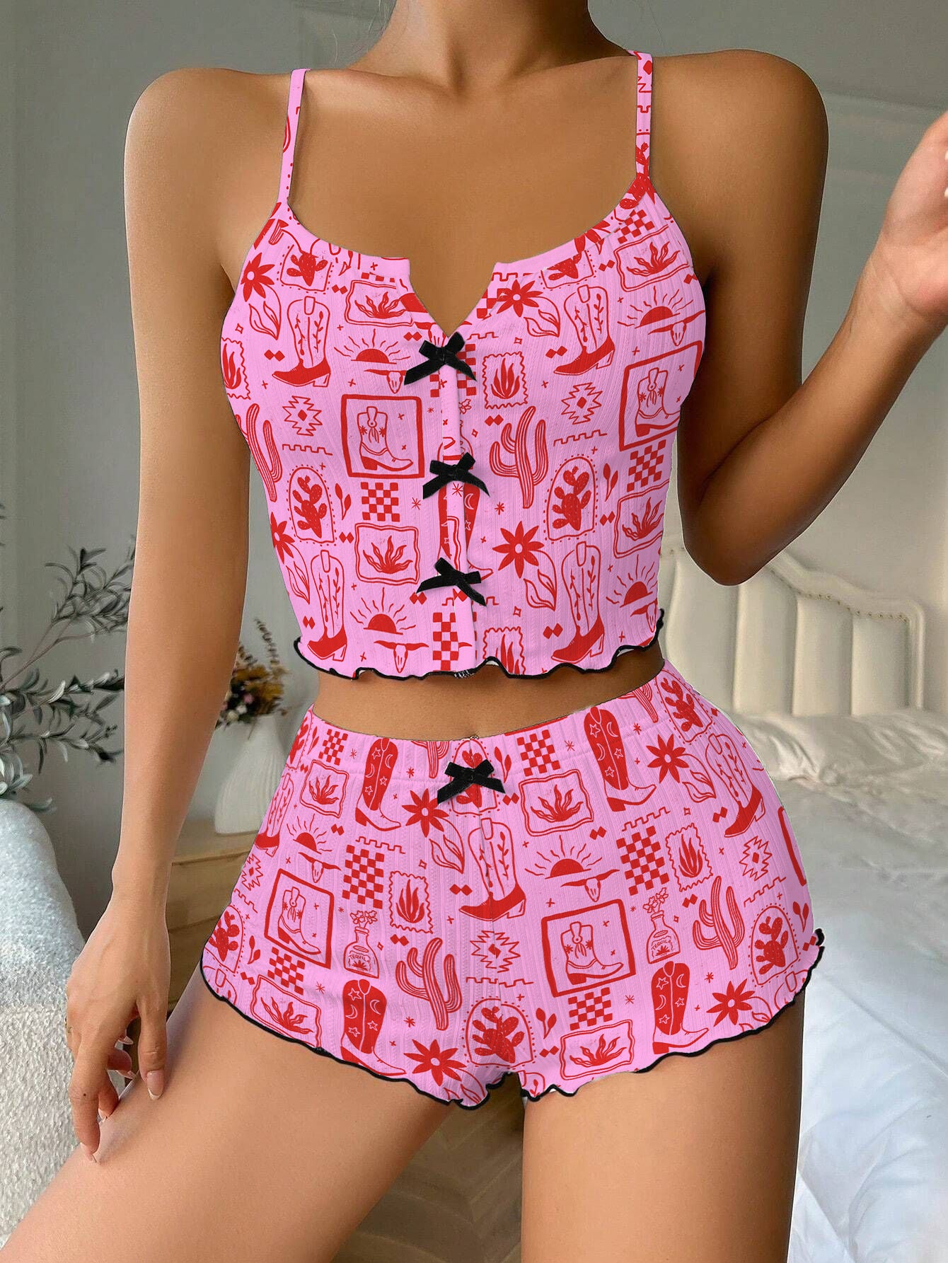 Boho Western Cowgirl Pink Bow Ribbed Knit Pajama Set For Women