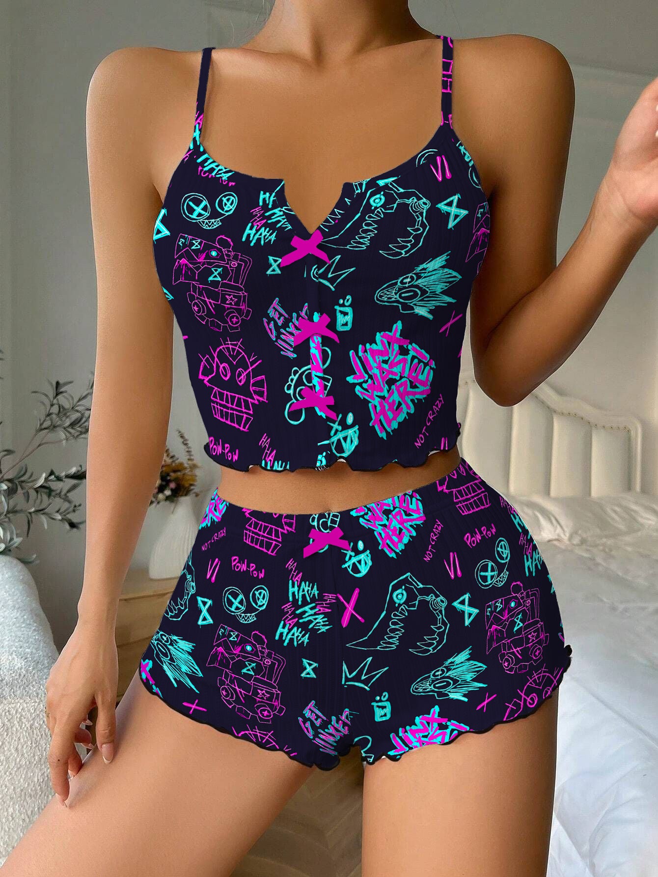 Jinx Graffiti Arcane Bow Ribbed Knit Pajama Set For Women