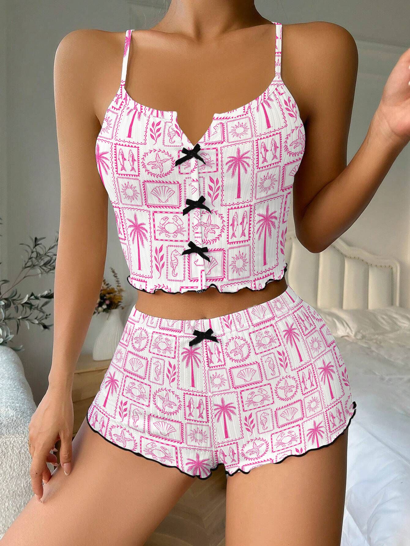 Pink Summer Tropical Beach Bow Ribbed Knit Pajama Set For Women