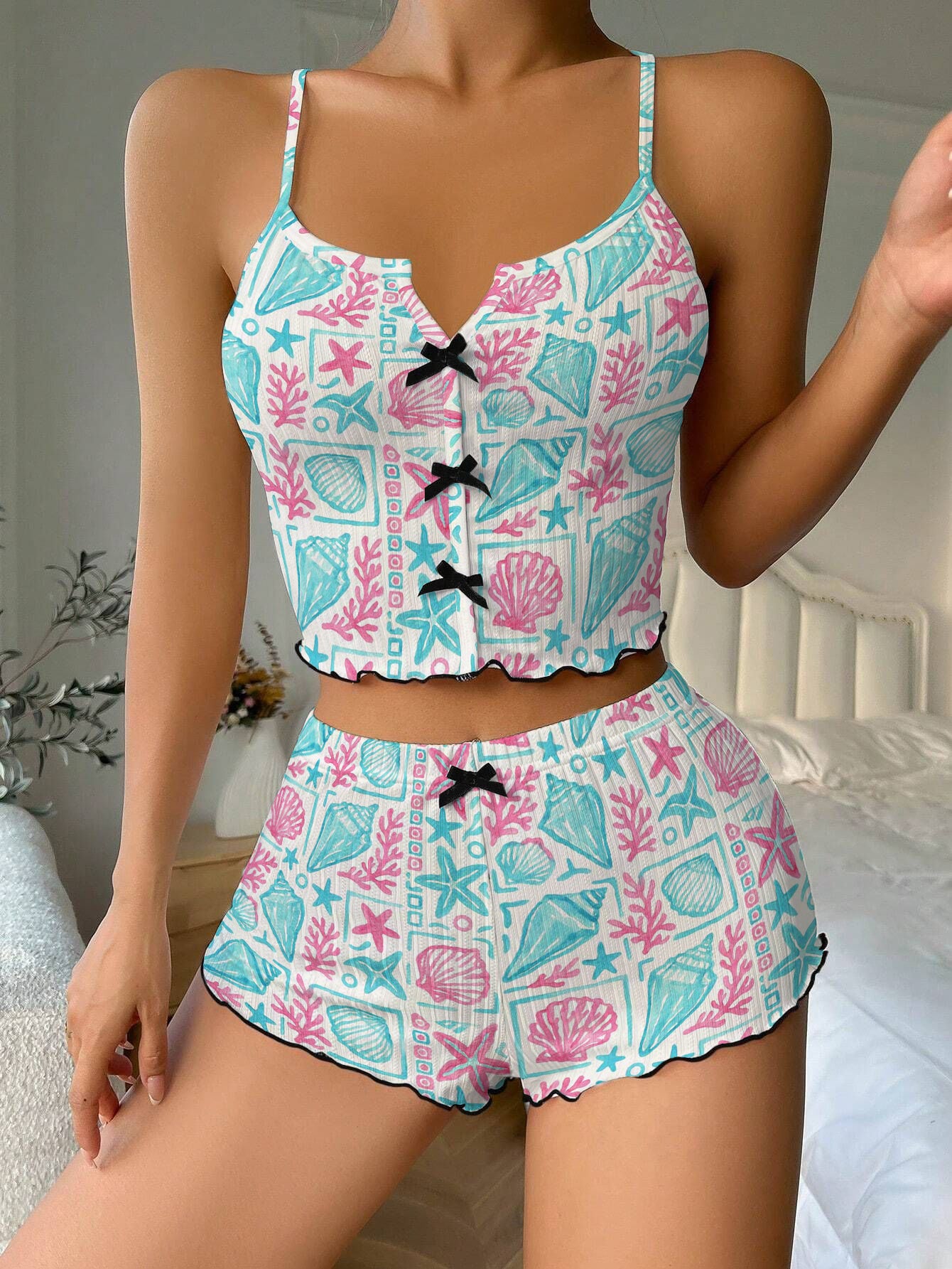 Vacation Style Mint Green Ocean Bow Ribbed Knit Pajama Set For Women