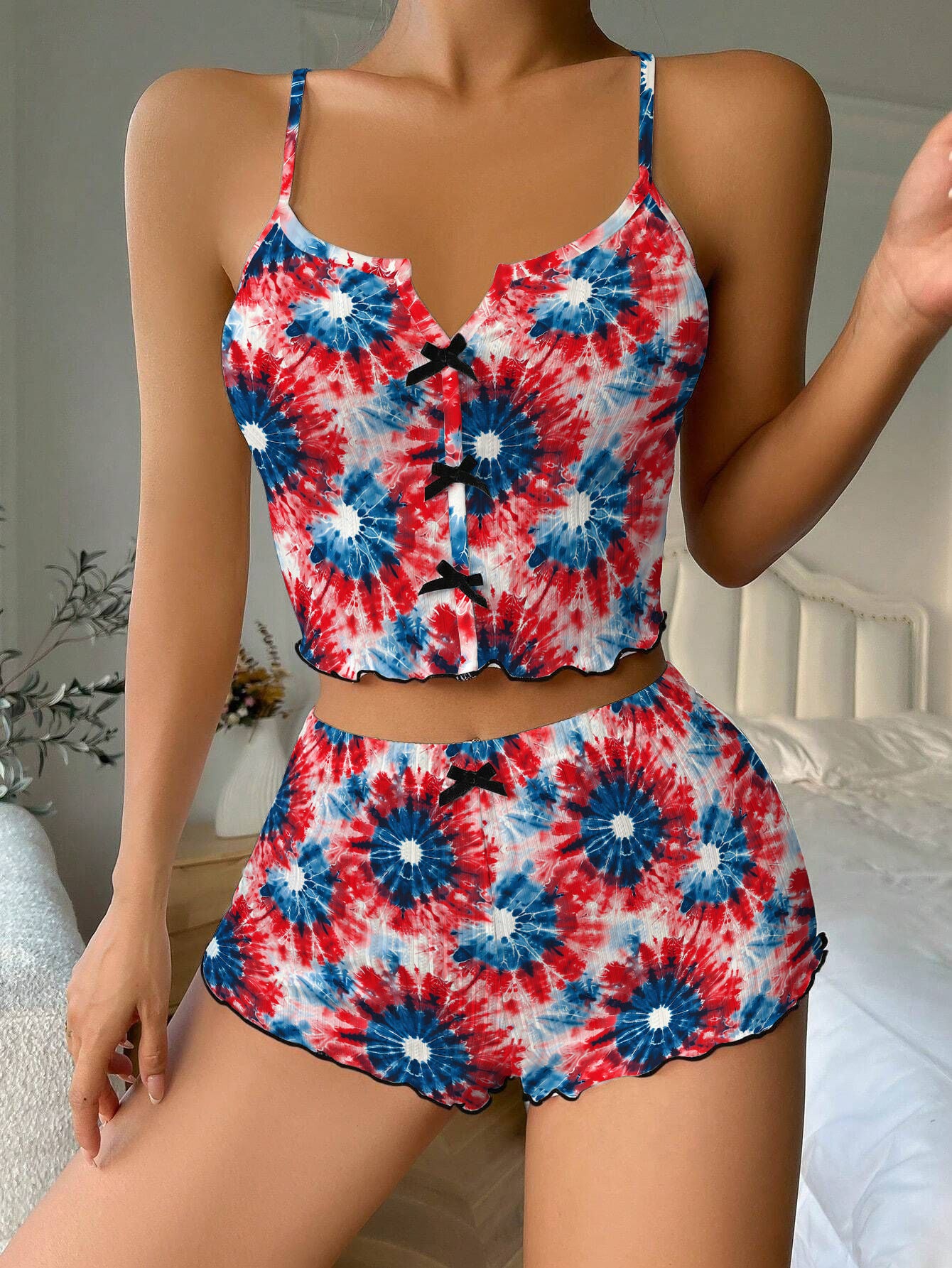 4th of July Tie Dye Bow Ribbed Knit Pajama Set For Women