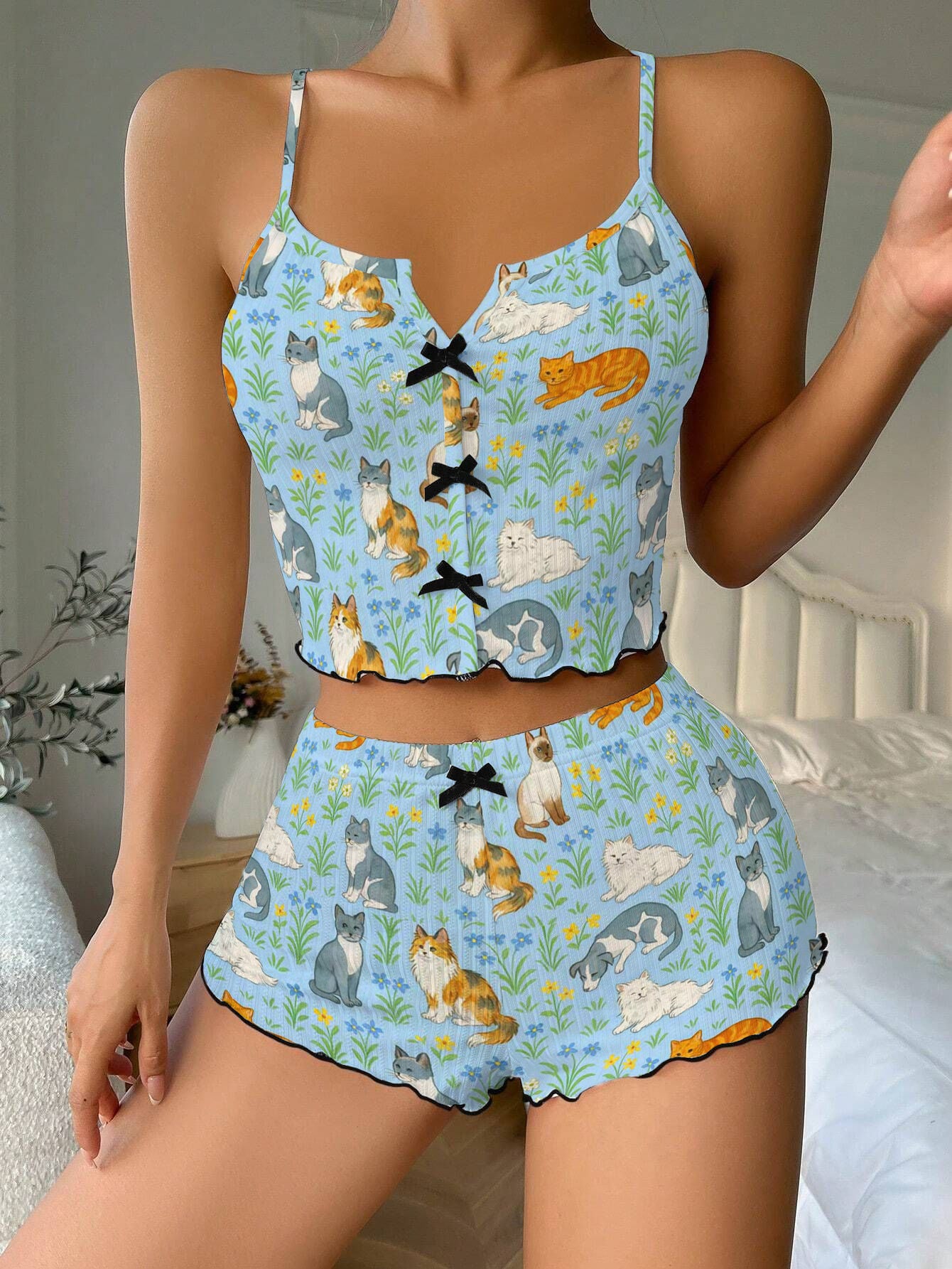 Cats And Cornflower Bow Ribbed Knit Pajama Set For Women