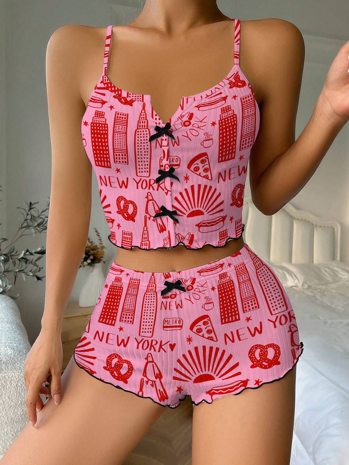Pink New York City Bow Ribbed Knit Pajama Set For Women