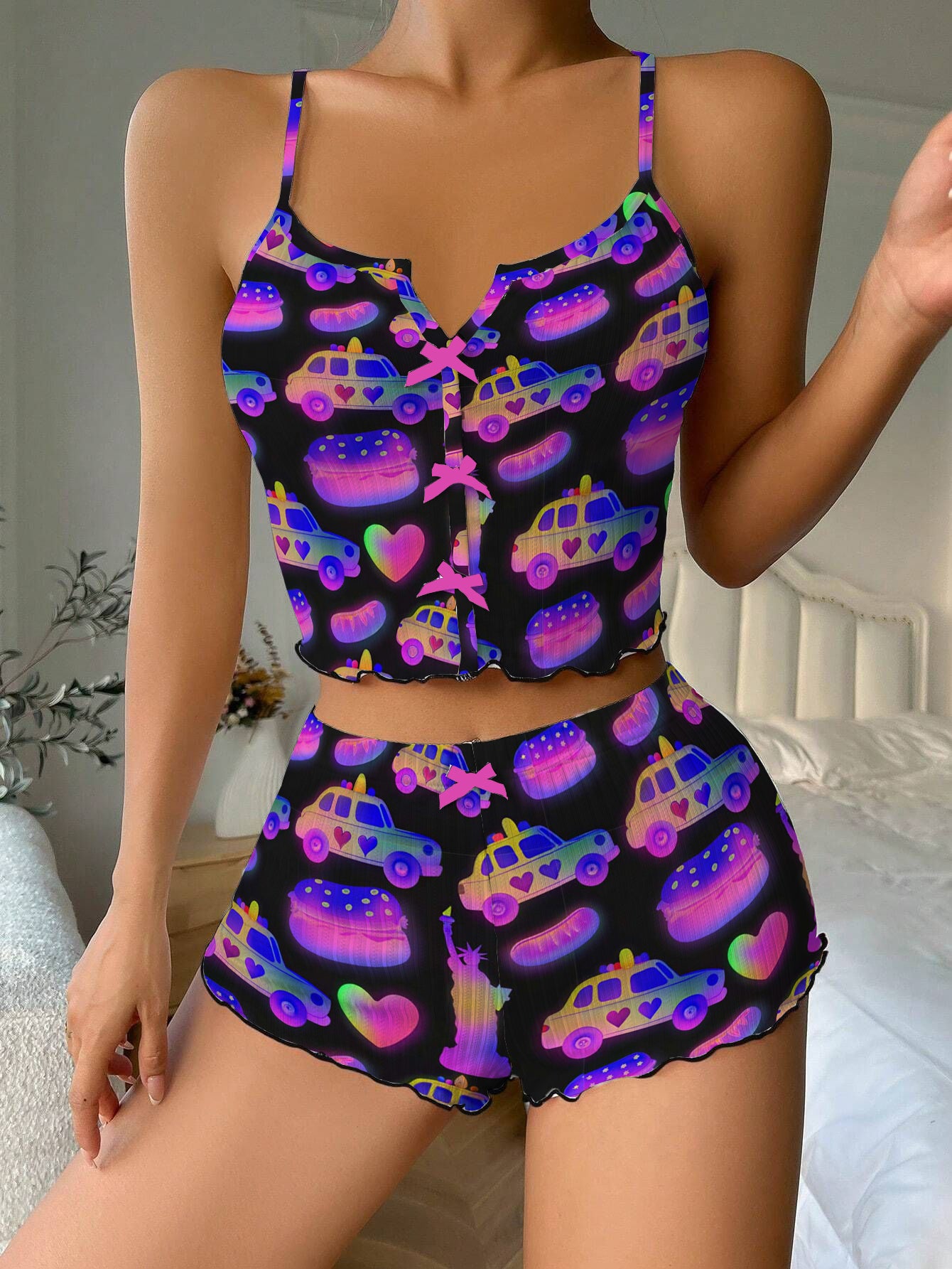 Neon New York City Bow Ribbed Knit Pajama Set For Women