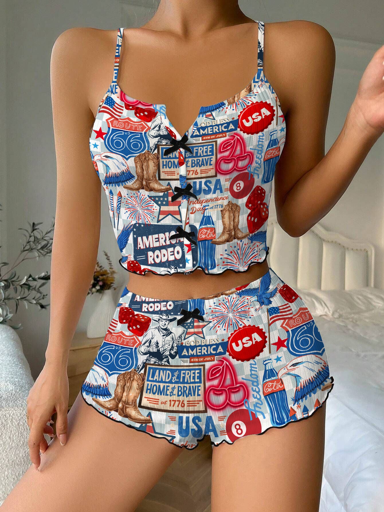 Independence Day Bow Ribbed Knit Pajama Set For Women