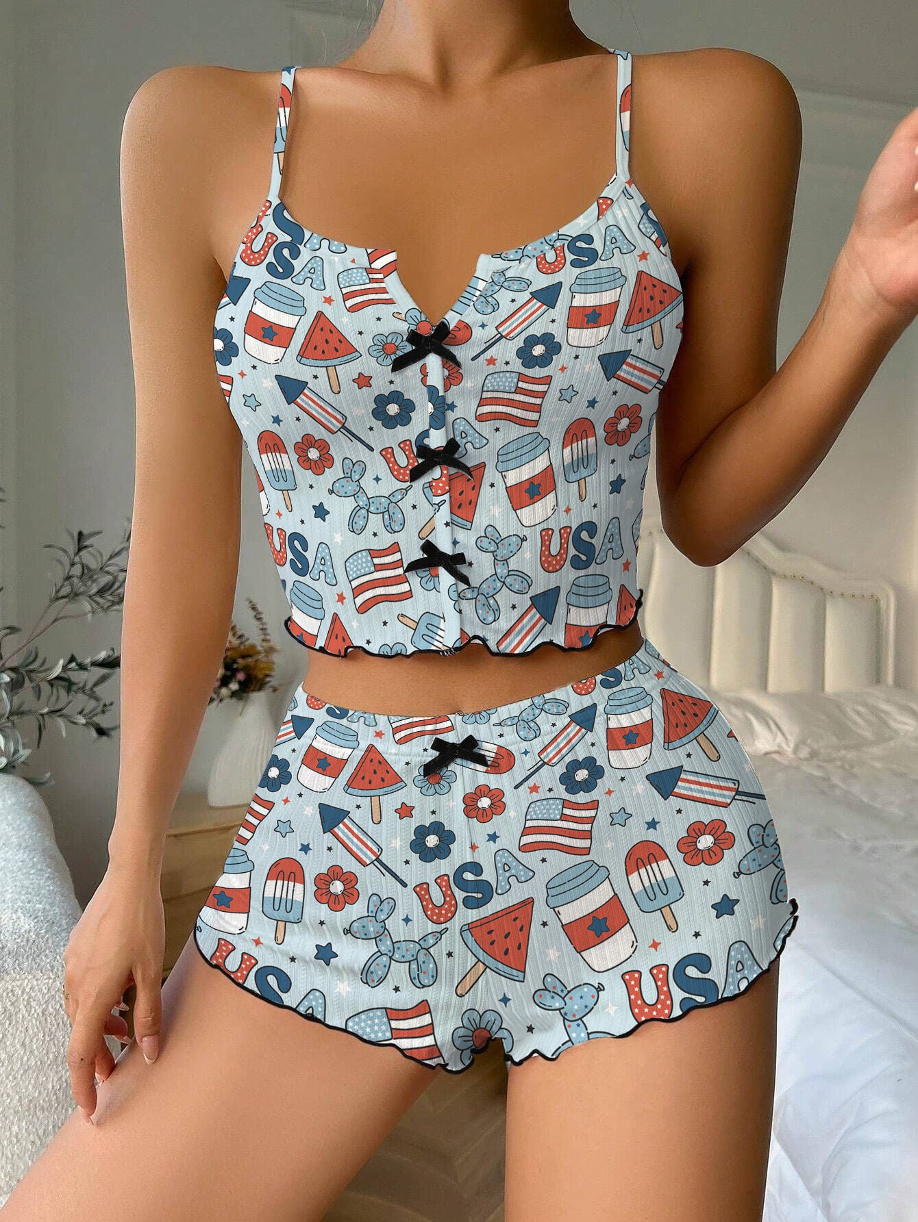 4th Of July Flag Bow Ribbed Knit Pajama Set For Women