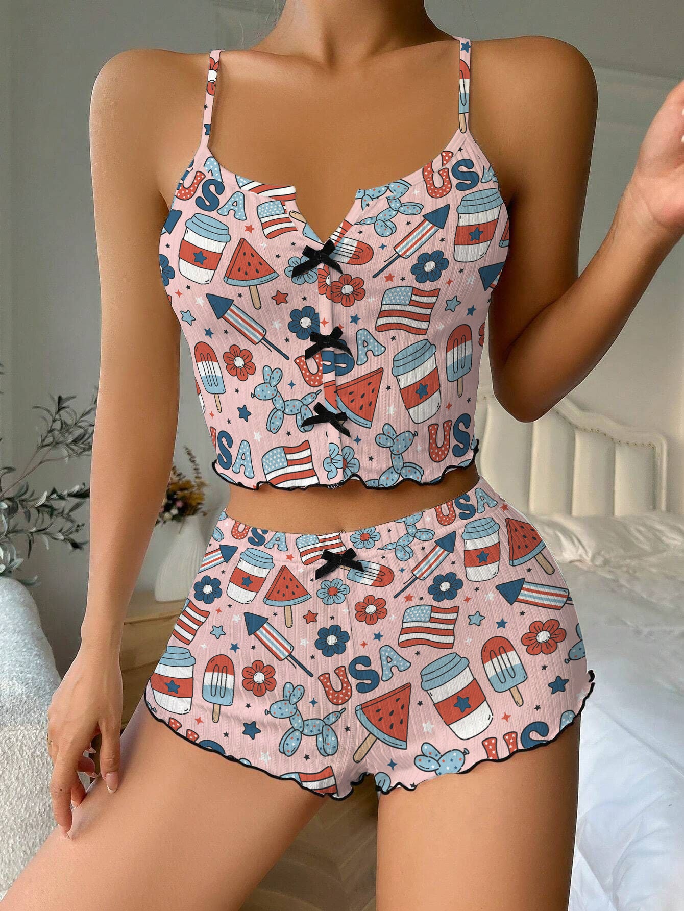 4th Of July Flag Bow Ribbed Knit Pajama Set For Women