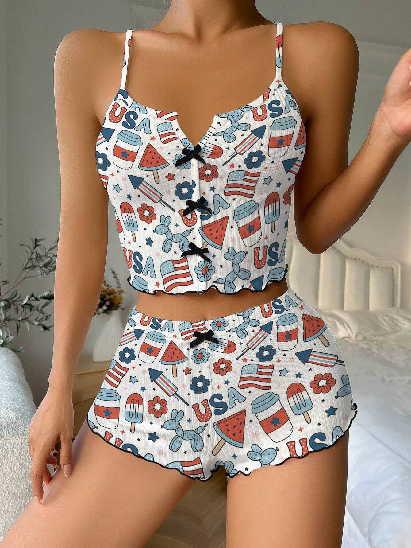 4th Of July Flag Bow Ribbed Knit Pajama Set For Women