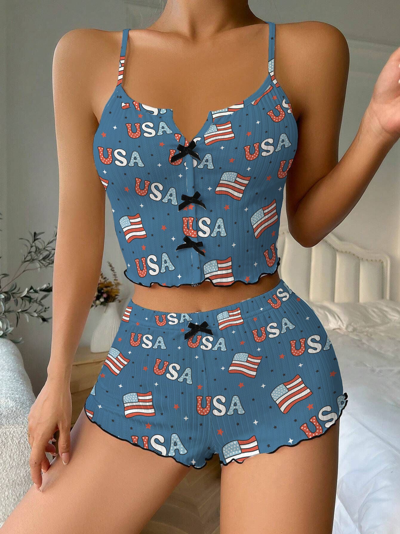 4th Of July Independence Day Bow Ribbed Knit Pajama Set For Women