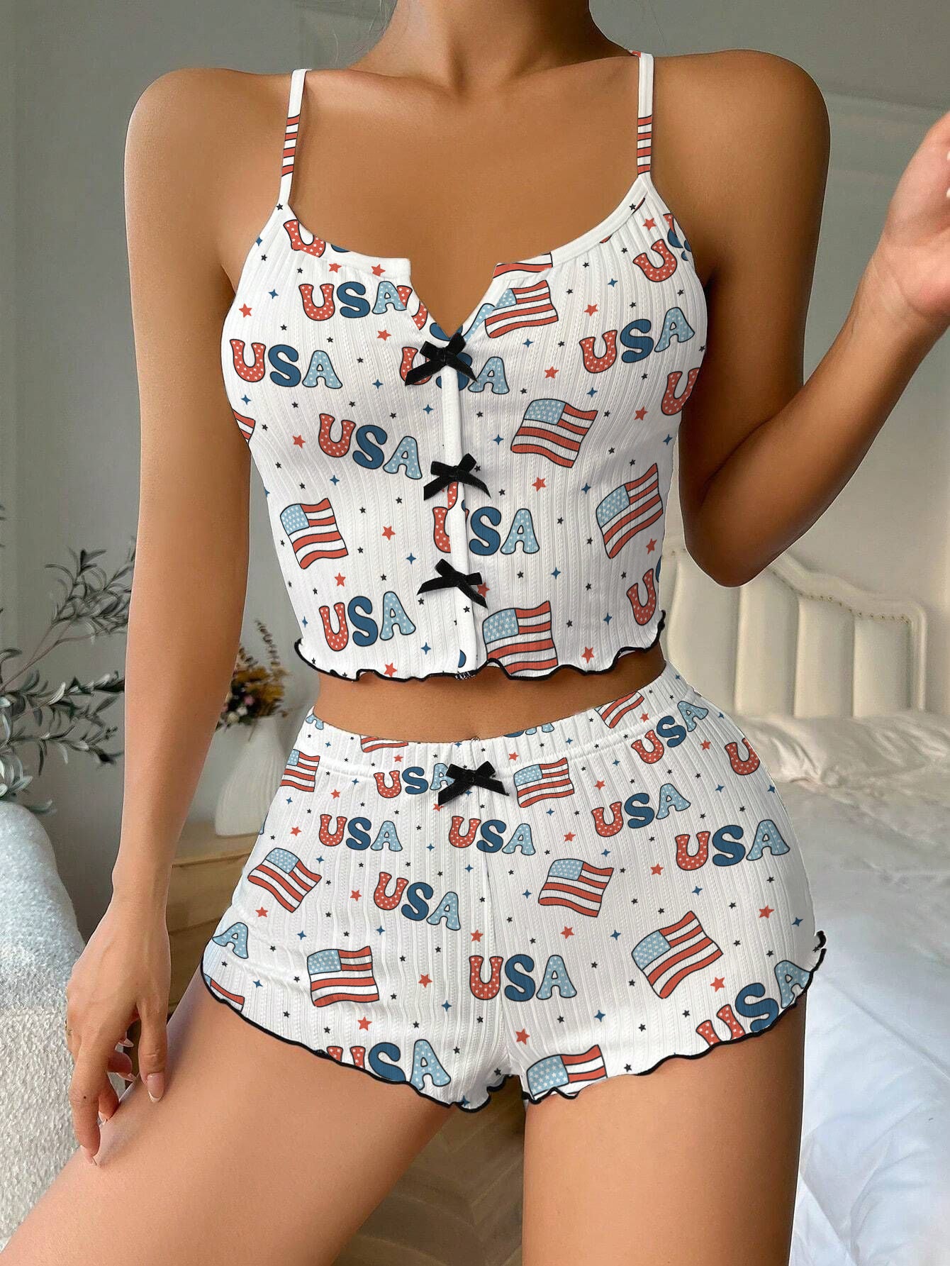 4th Of July Independence Day Bow Ribbed Knit Pajama Set For Women