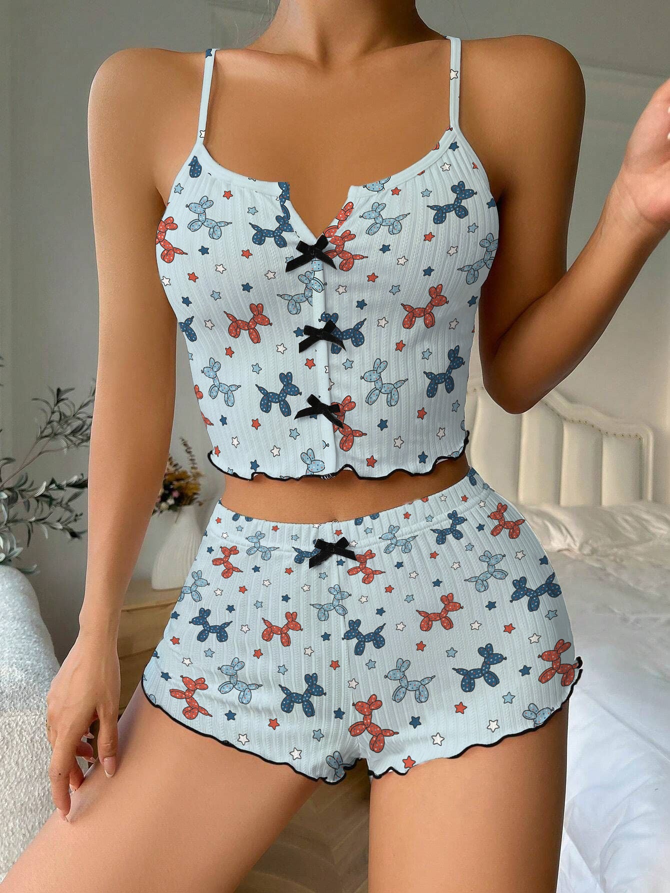 Balloon Puppy Bow Ribbed Knit Pajama Set For Women