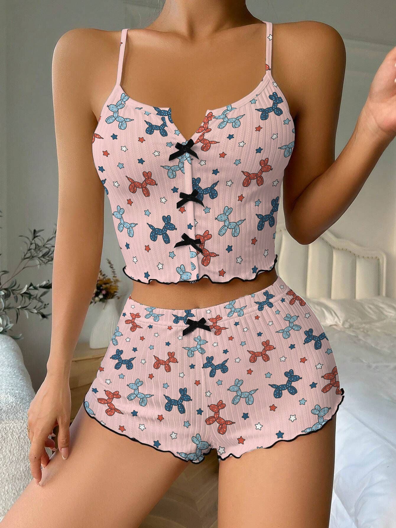 Balloon Puppy Bow Ribbed Knit Pajama Set For Women