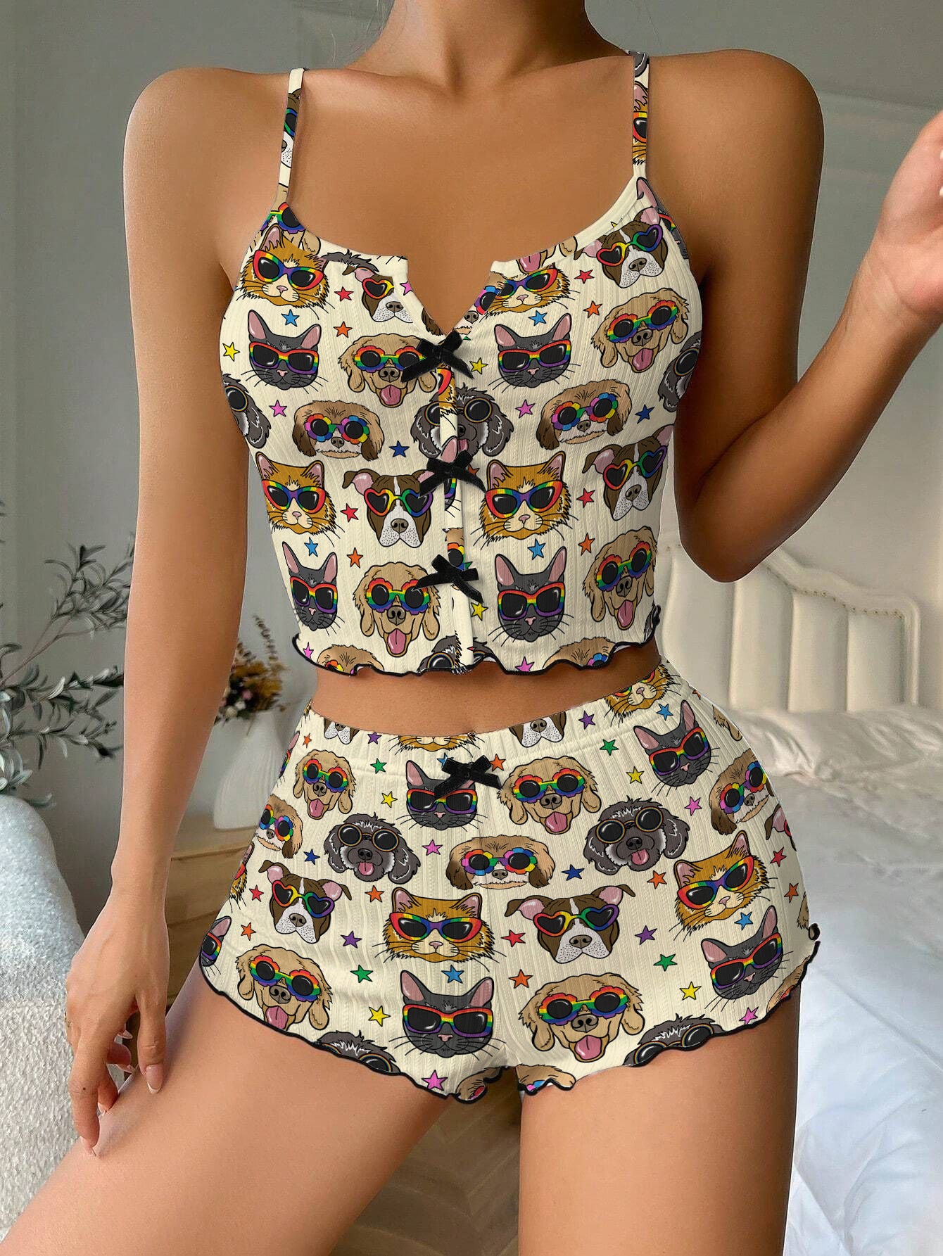 Rainbow Dogs and Cats Bow Ribbed Knit Pajama Set For Women