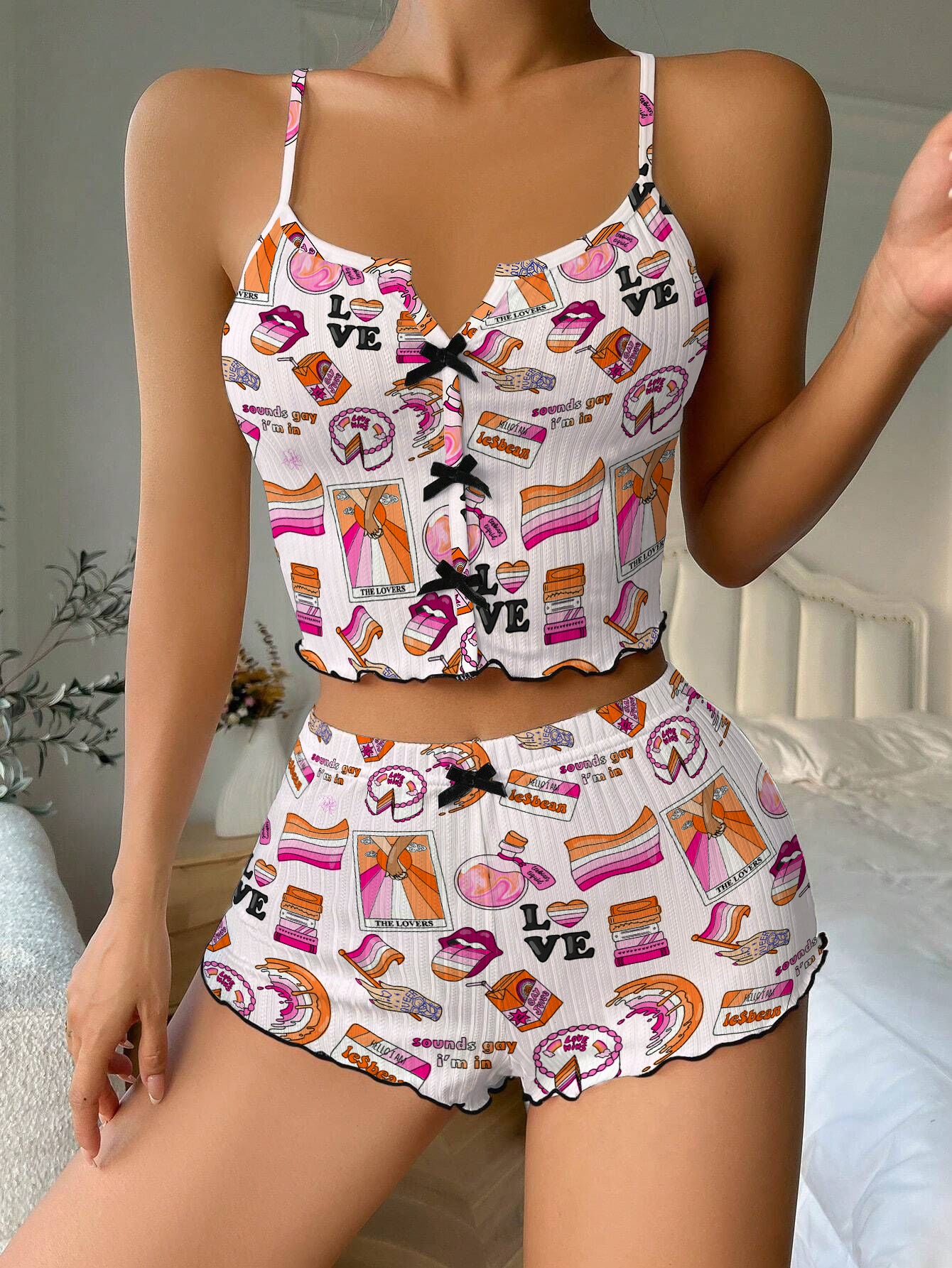 Pride Lesbian Bow Ribbed Knit Pajama Set For Women