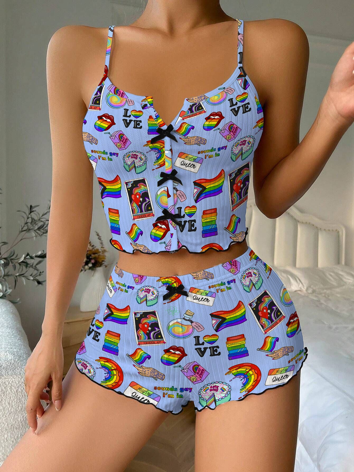 Pride Queer Bow Ribbed Knit Pajama Set For Women