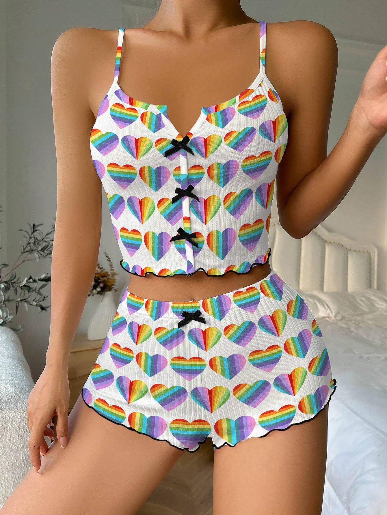 Rainbow Hearts LGBTQ Bow Ribbed Knit Pajama Set For Women