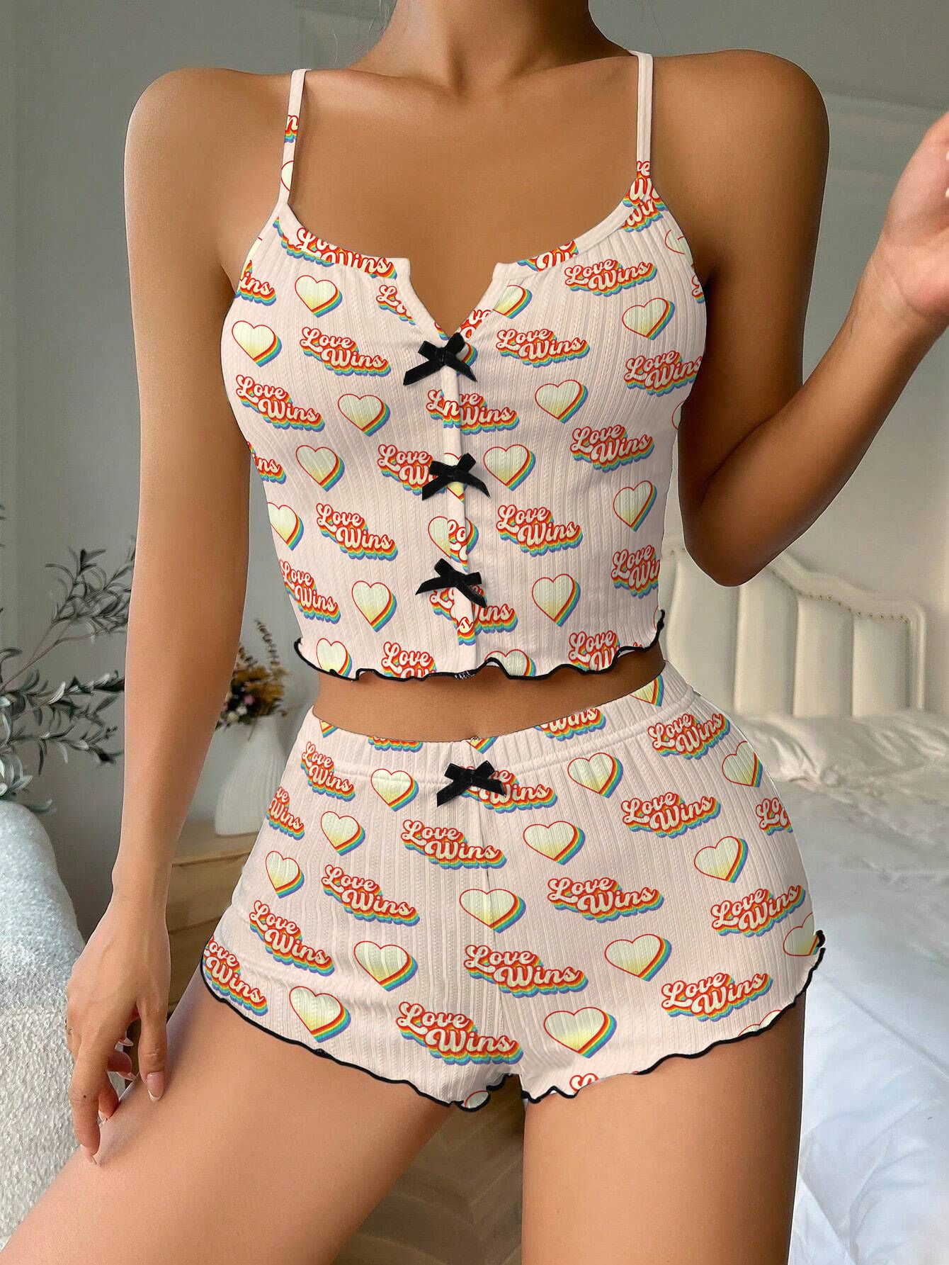 Love Wins Hearts Bow Ribbed Knit Pajama Set For Women