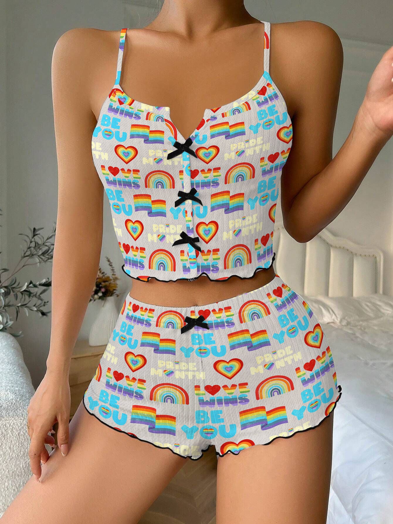 Be You Pride Month Bow Ribbed Knit Pajama Set For Women