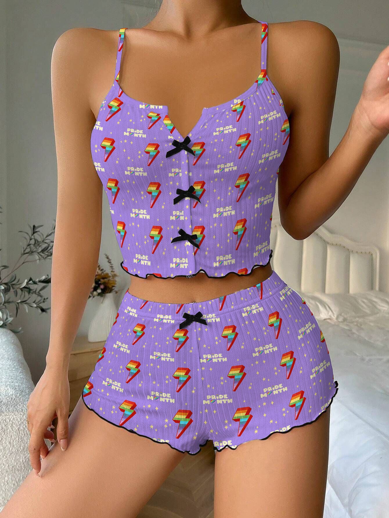 Purple Lightning Pride Bow Ribbed Knit Pajama Set For Women