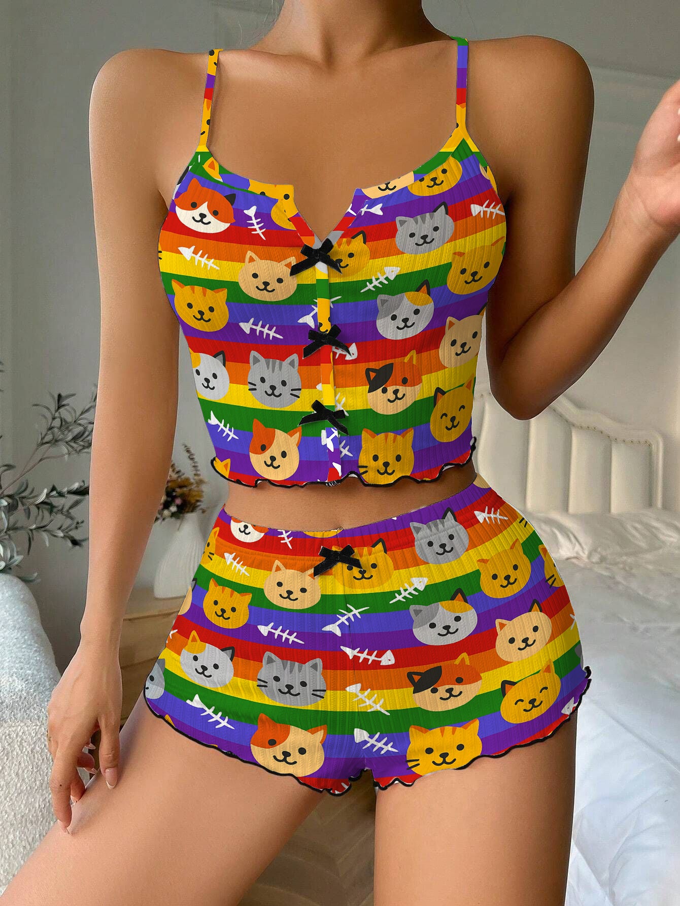 Kitty Cats Rainbow Bow Ribbed Knit Pajama Set For Women