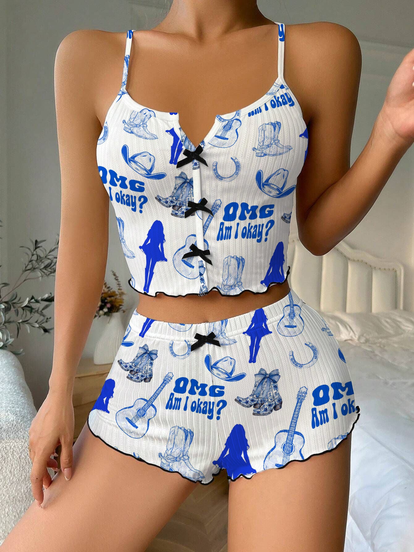 Am I Okay Moroney Bow Ribbed Knit Pajama Set For Women