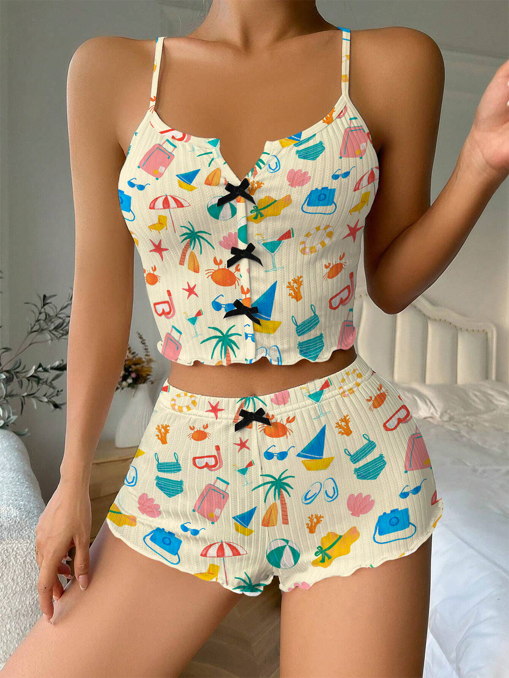 Summer Vacation Bow Ribbed Knit Pajama Set For Women