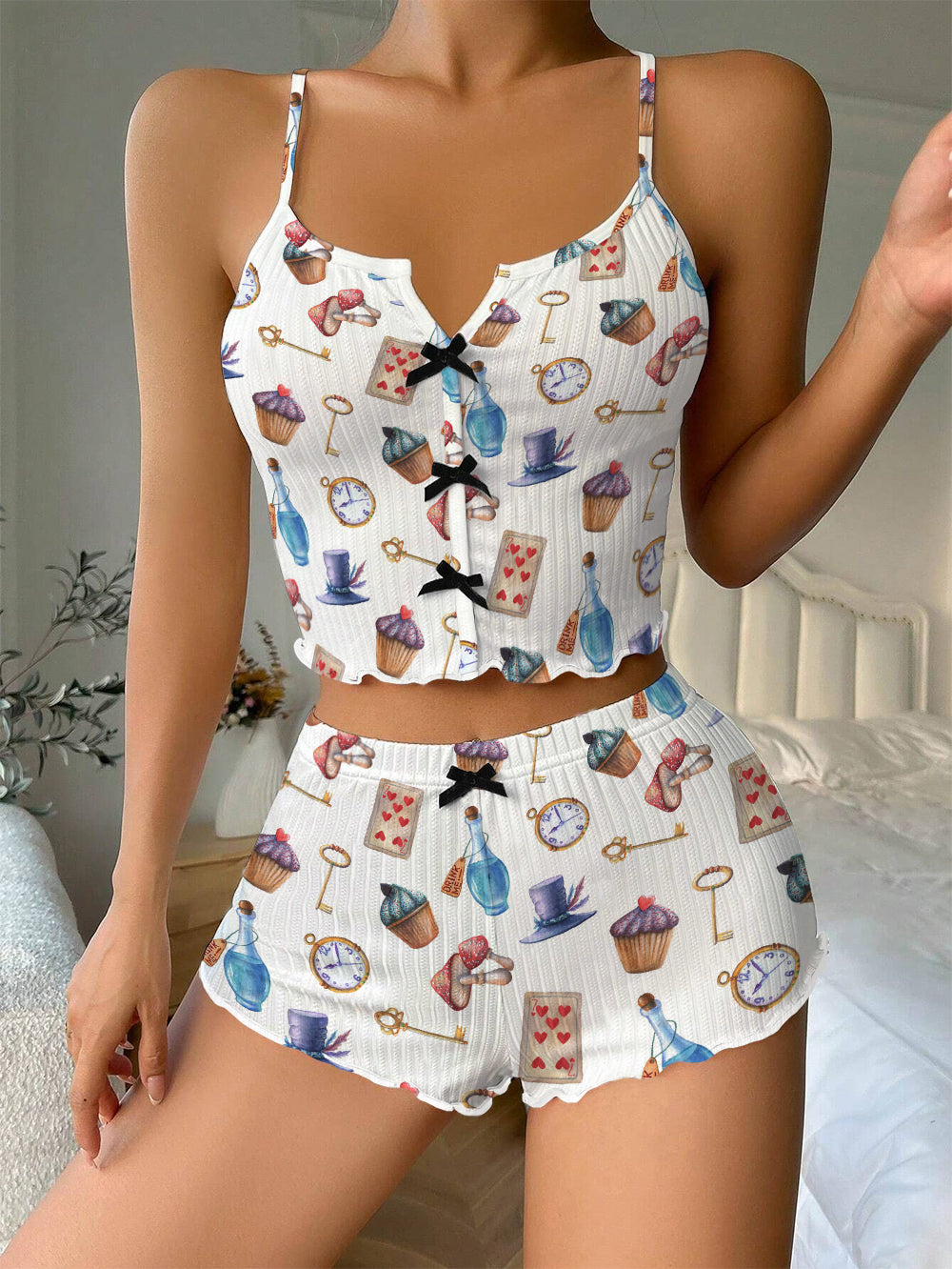 Alice In Wonderland Bow Ribbed Knit Pajama Set For Women