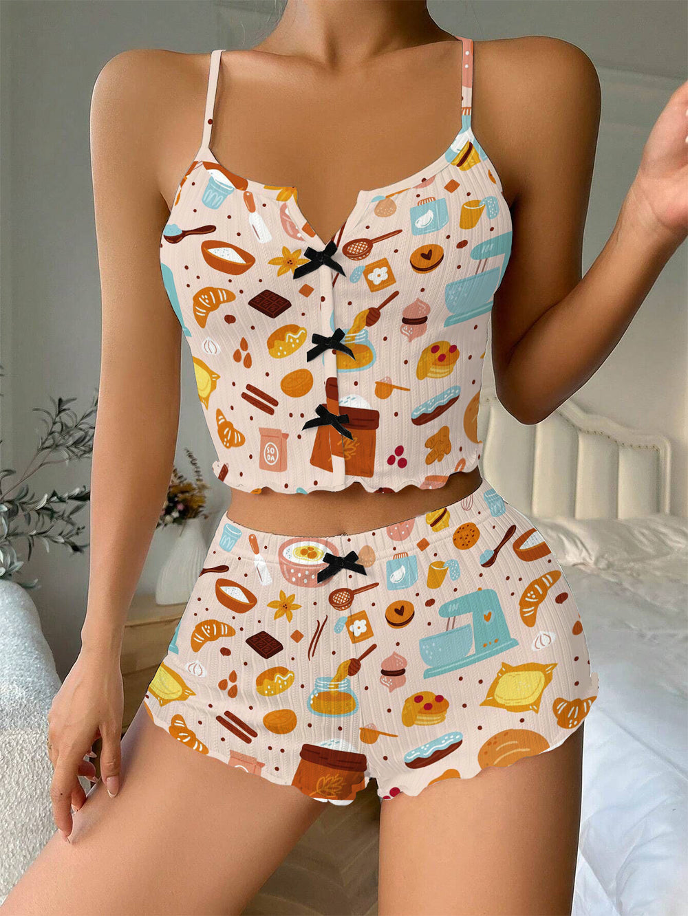 Pastries and Cooking Bow Ribbed Knit Pajama Set For Women
