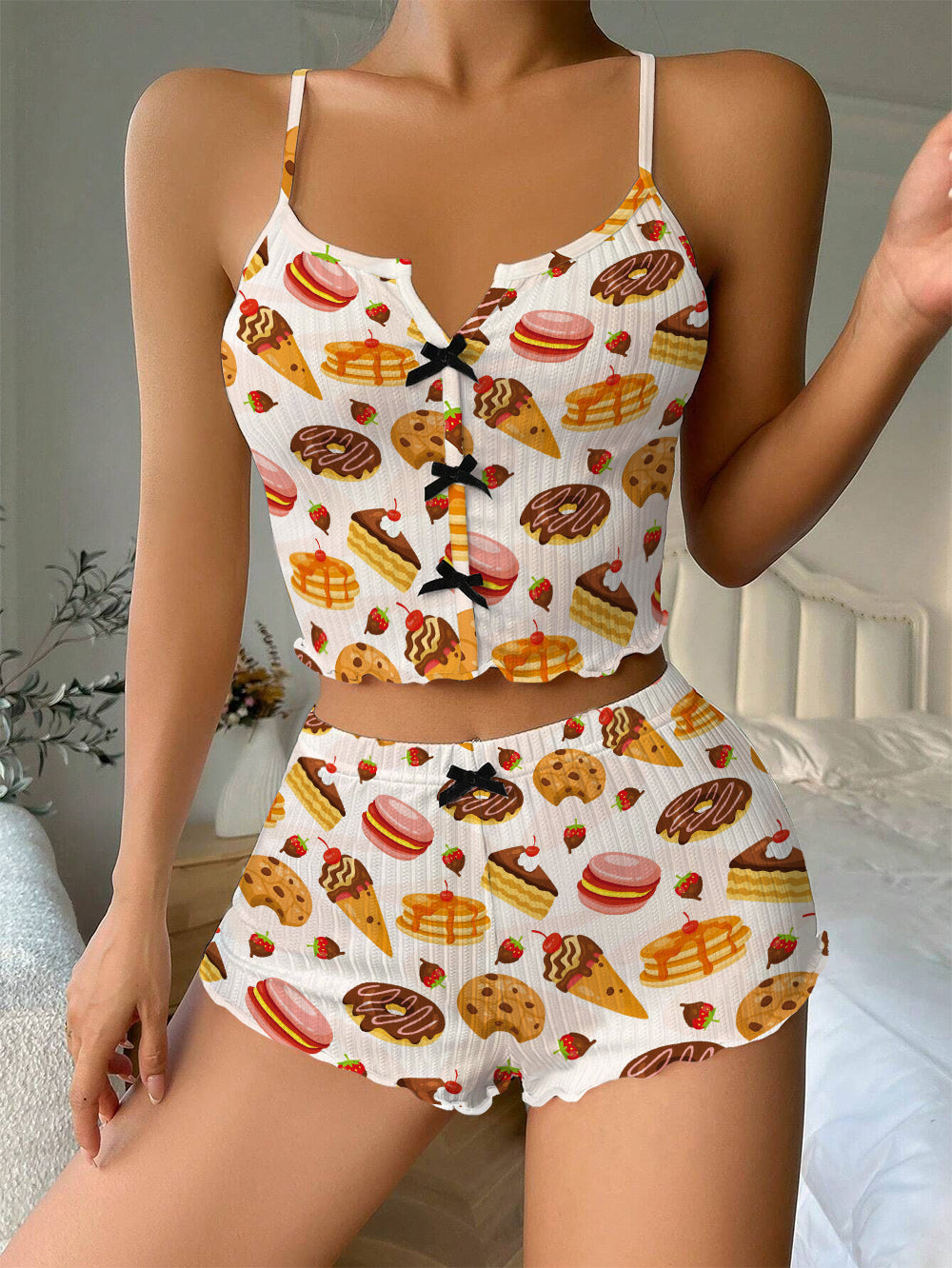 Sweet Desserts Bow Ribbed Knit Pajama Set For Women