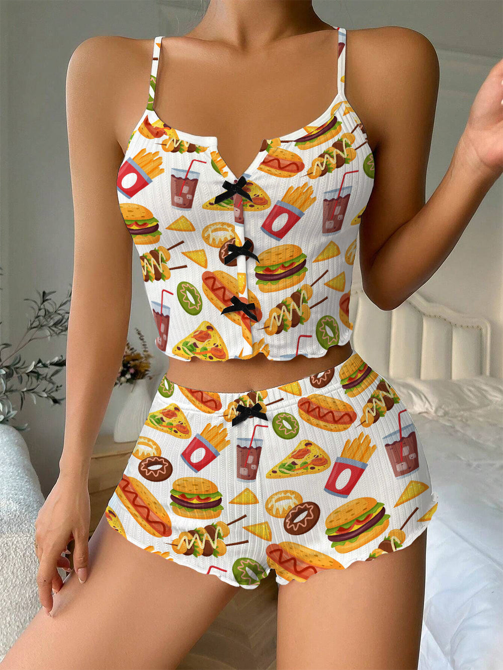 Delicious Fast Food Bow Ribbed Knit Pajama Set For Women