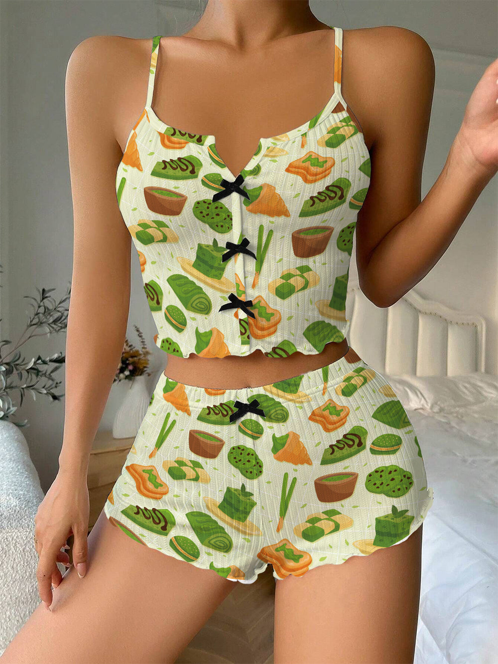 Matcha Theme Green Bow Ribbed Knit Pajama Set For Women