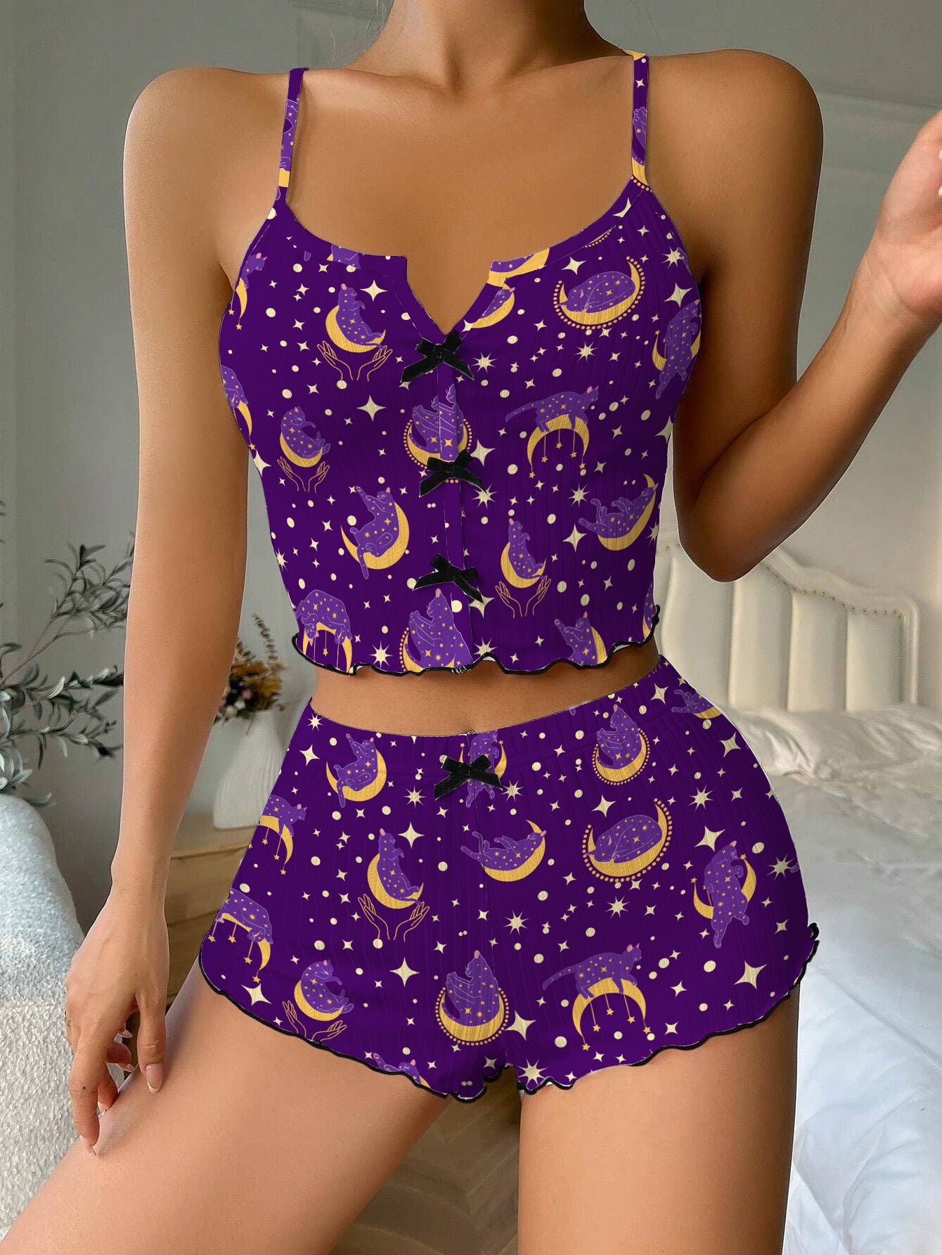 Boho Cats Moon Bow Ribbed Knit Pajama Set For Women