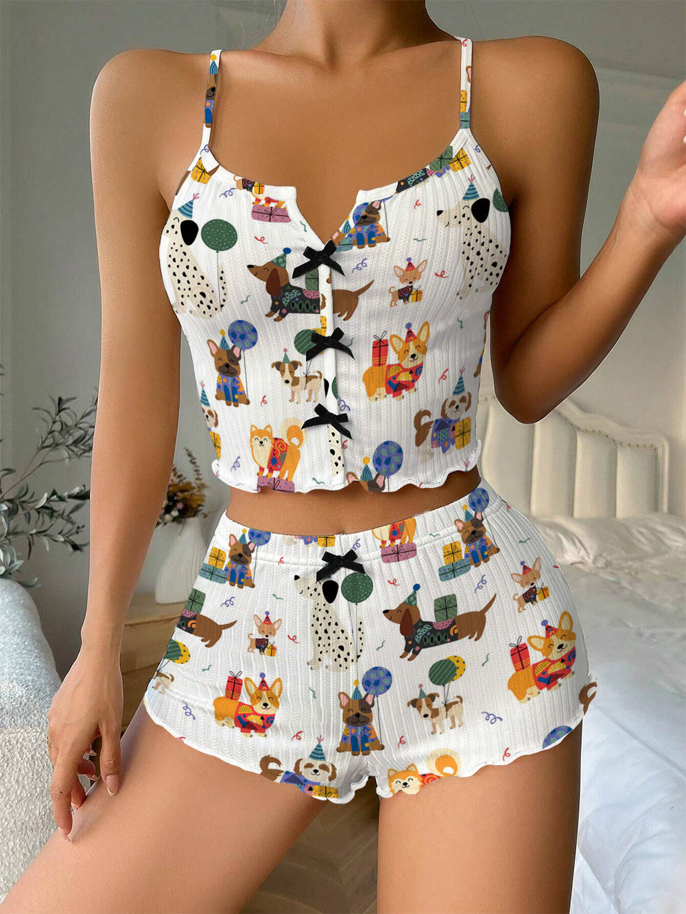 Dog Birthday Party Bow Ribbed Knit Pajama Set For Women