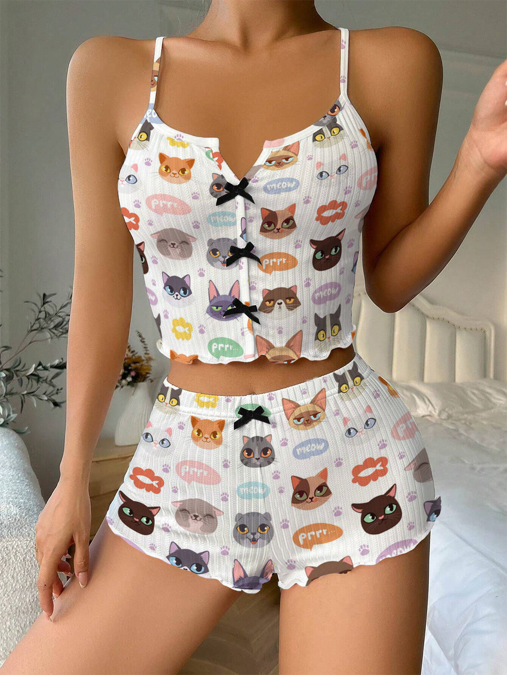 Hipster Cats Bow Ribbed Knit Pajama Set For Women