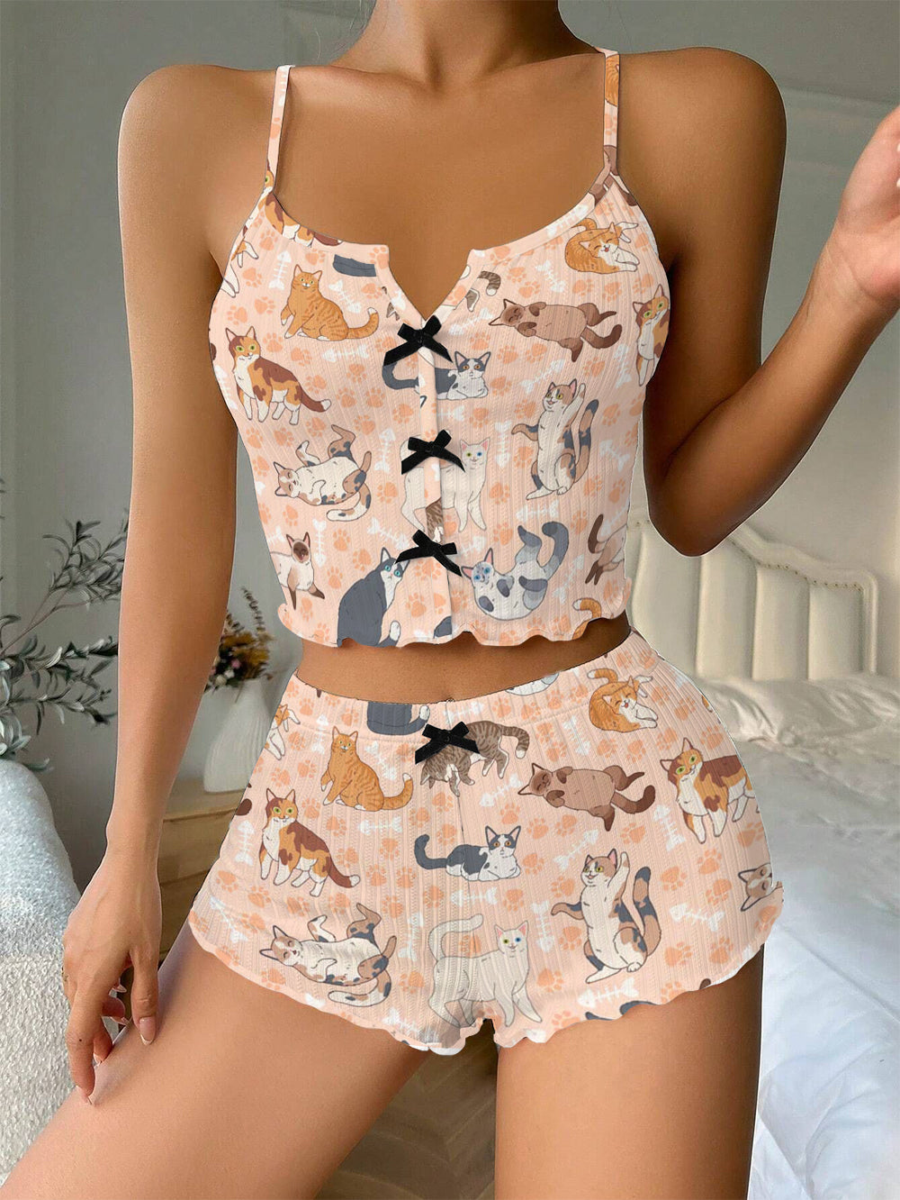 Cute Multicolored Cats Bow Ribbed Knit Pajama Set For Women