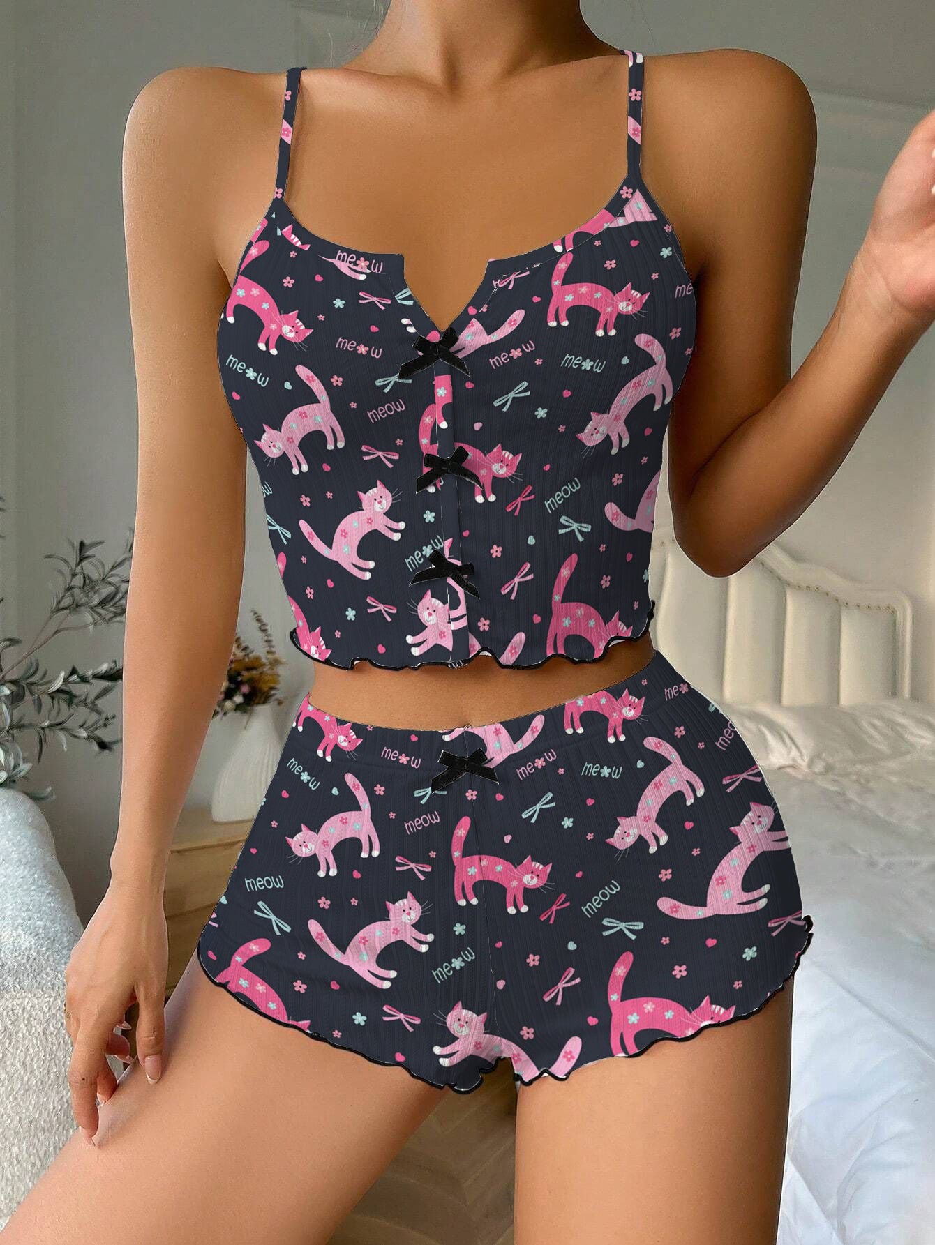 Meow Pink Cats Bow Ribbed Knit Pajama Set For Women
