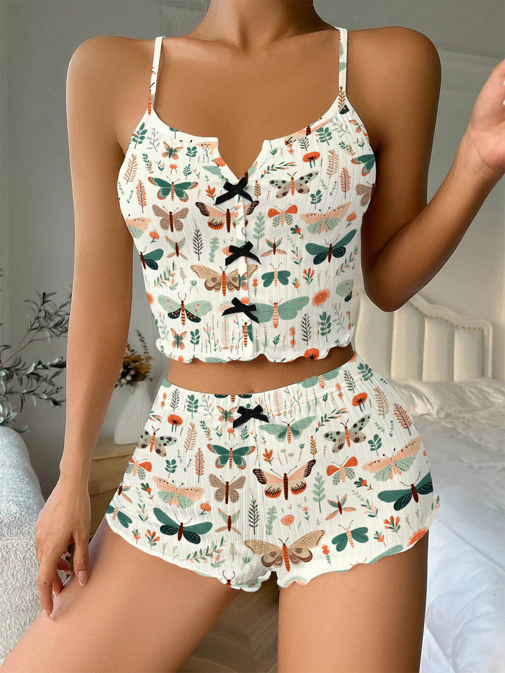 Vintage Moths Bow Ribbed Knit Pajama Set For Women