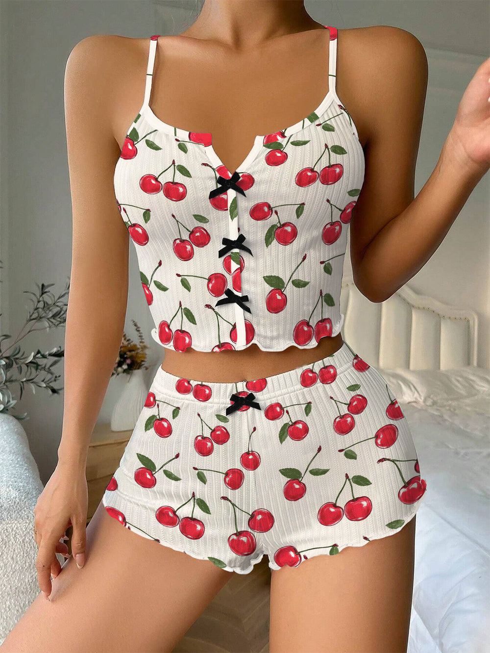 Red Cherries Bow Ribbed Knit Pajama Set For Women