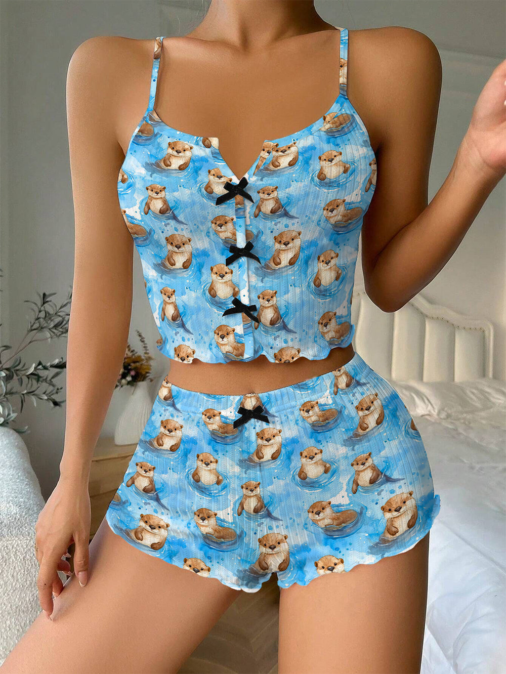 Watercolor Otter Bow Ribbed Knit Pajama Set For Women