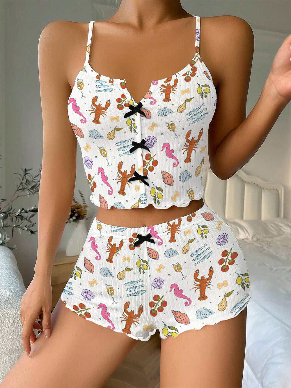 Italian Summer Bow Ribbed Knit Pajama Set For Women