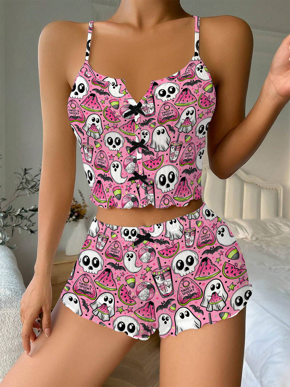 Spooky Watermelon Bow Ribbed Knit Pajama Set For Women