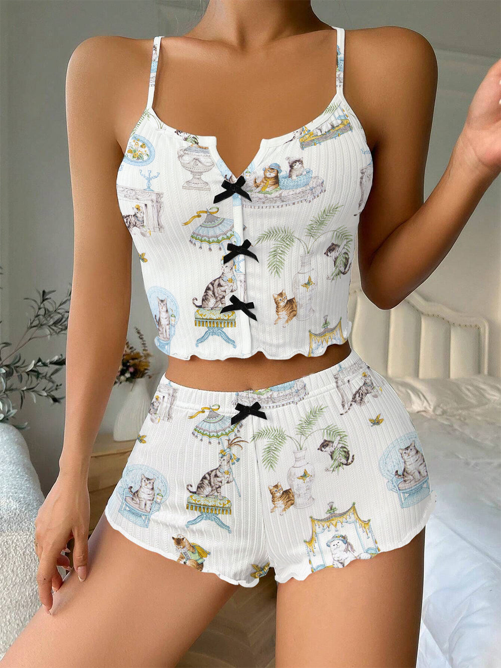 Vintage Cats Bow Ribbed Knit Pajama Set For Women