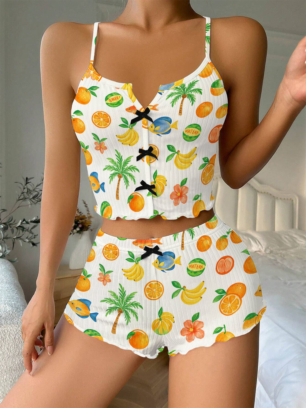 Summer Vacation Fruits Bow Ribbed Knit Pajama Set For Women