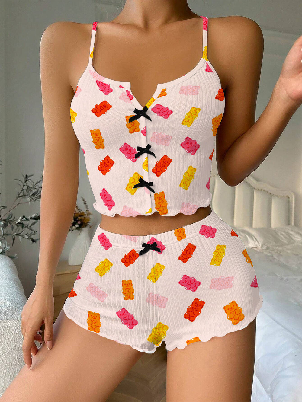 Colorful Gummy Bears Bow Ribbed Knit Pajama Set For Women