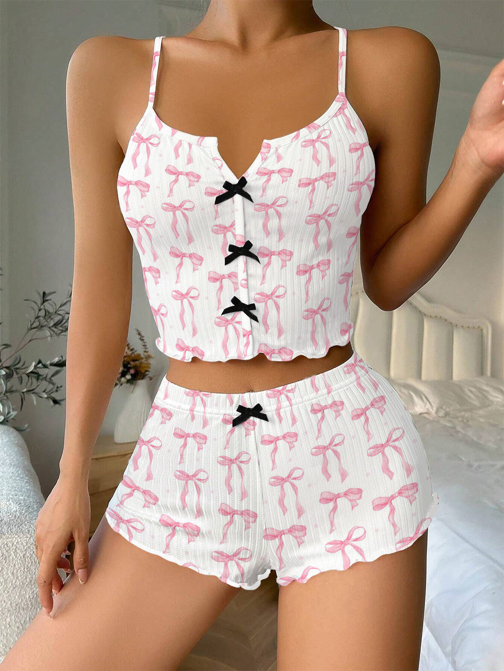 Pink Ribbon Bow Ribbed Knit Pajama Set For Women