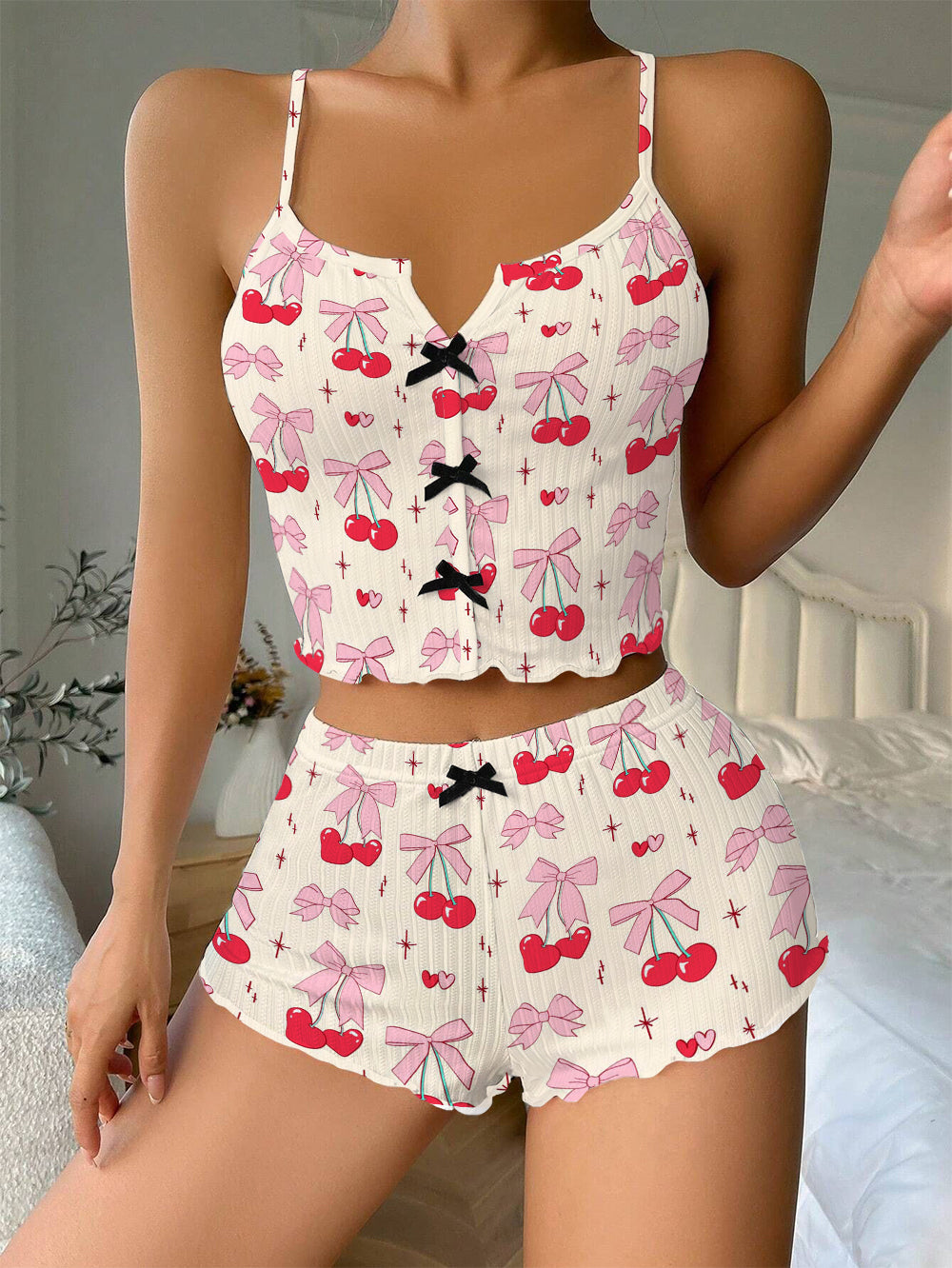 Cherry Bow Knots Bow Ribbed Knit Pajama Set For Women