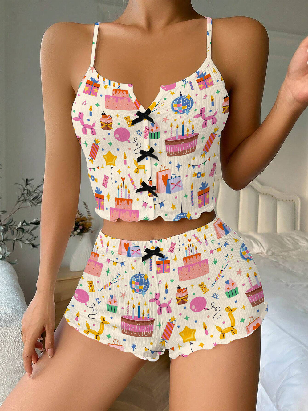 Party Day Bow Ribbed Knit Pajama Set For Women