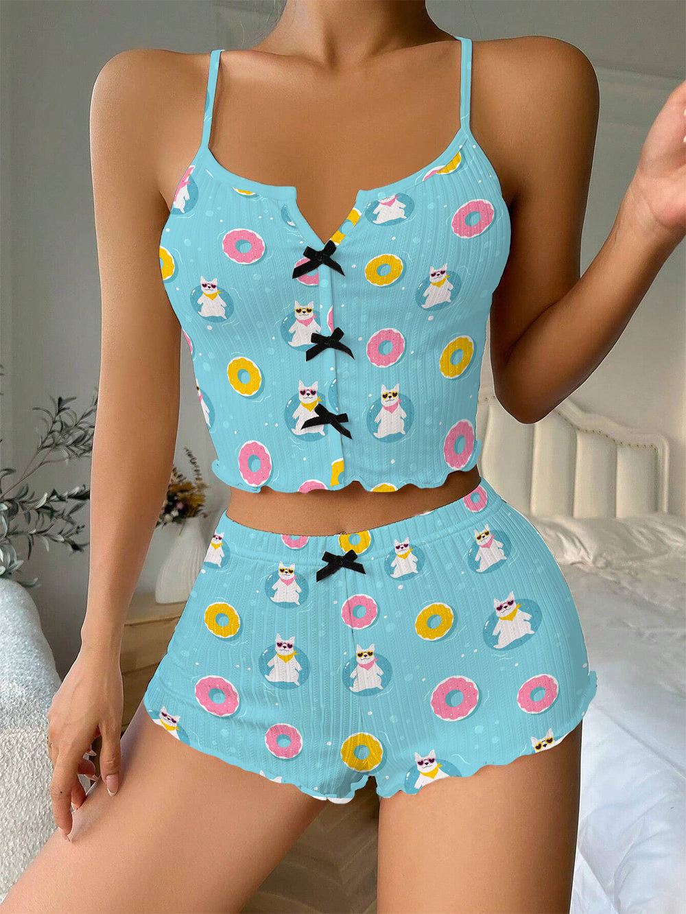 Summer Vacation Puppy Bow Ribbed Knit Pajama Set For Women