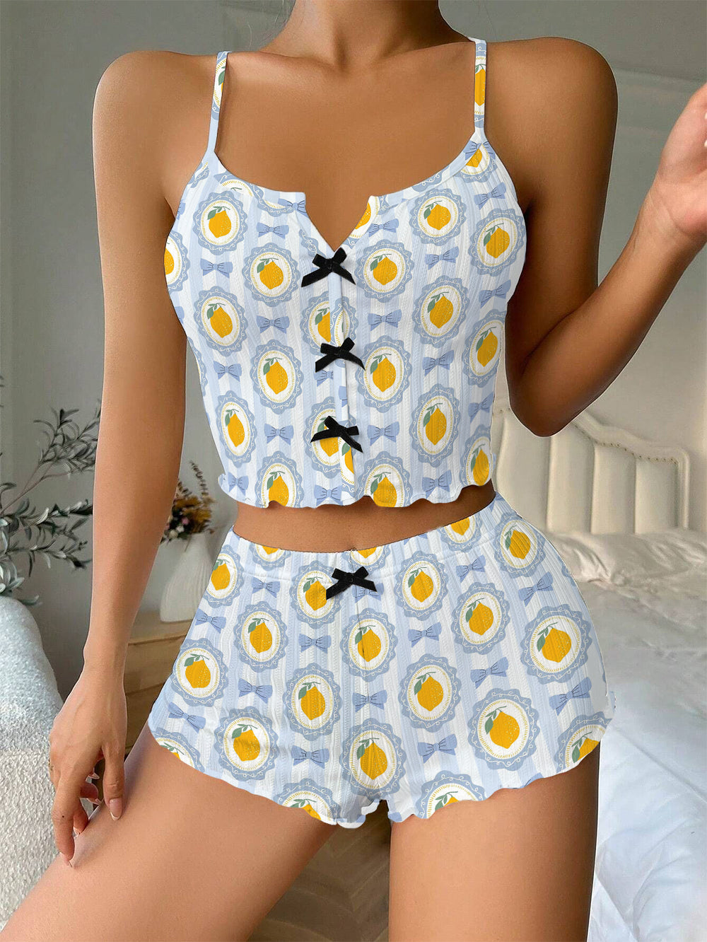 Lemon Vintage Bow Ribbed Knit Pajama Set For Women