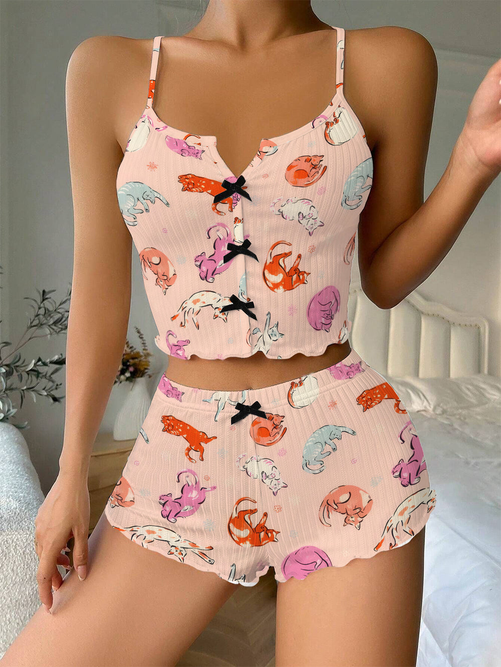 Sleeping Cats Bow Ribbed Knit Pajama Set For Women